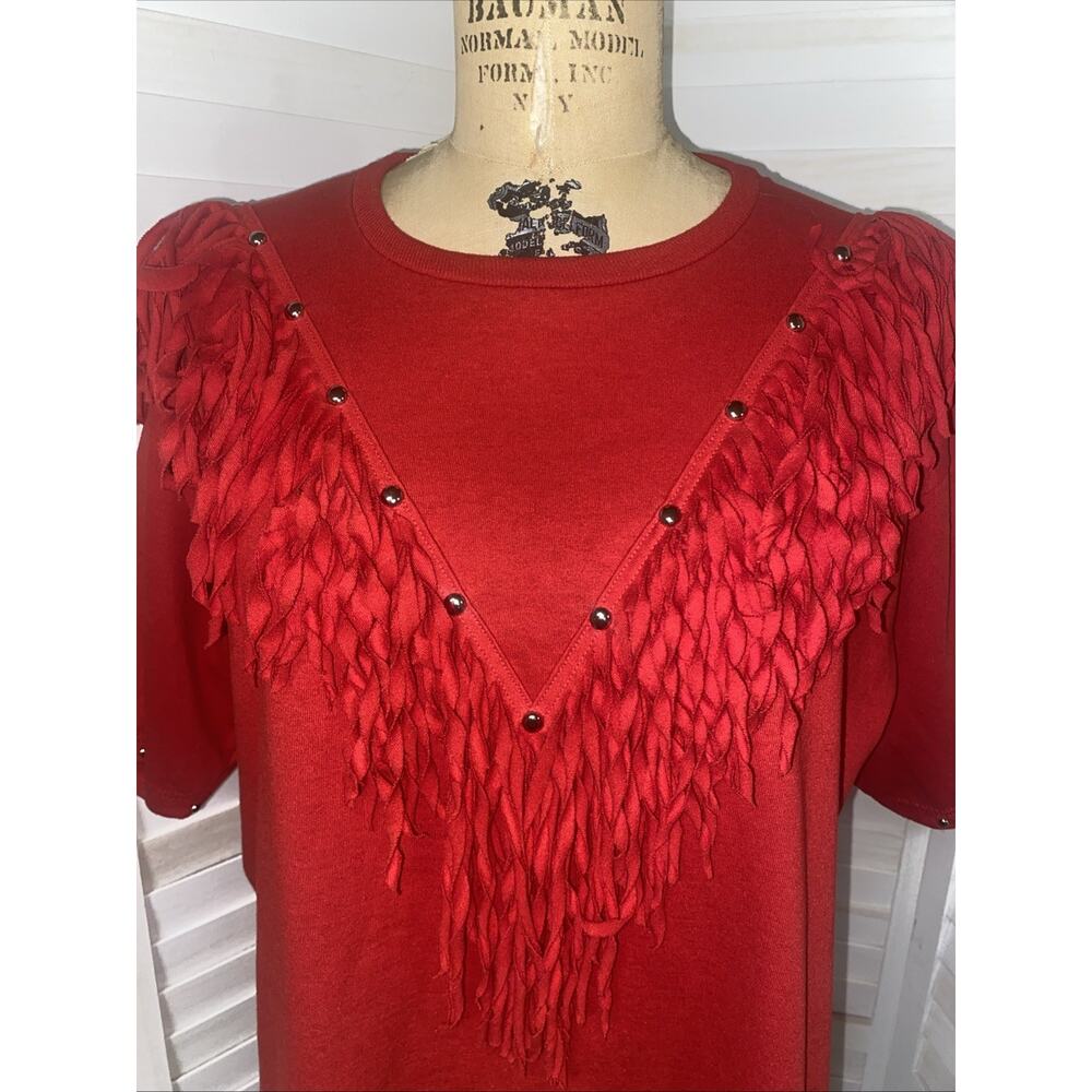 Vintage 80s 90s Red Southwestern Rodeo Boho Fringe Studded Shirt Large Handmade - Picture 3 of 9